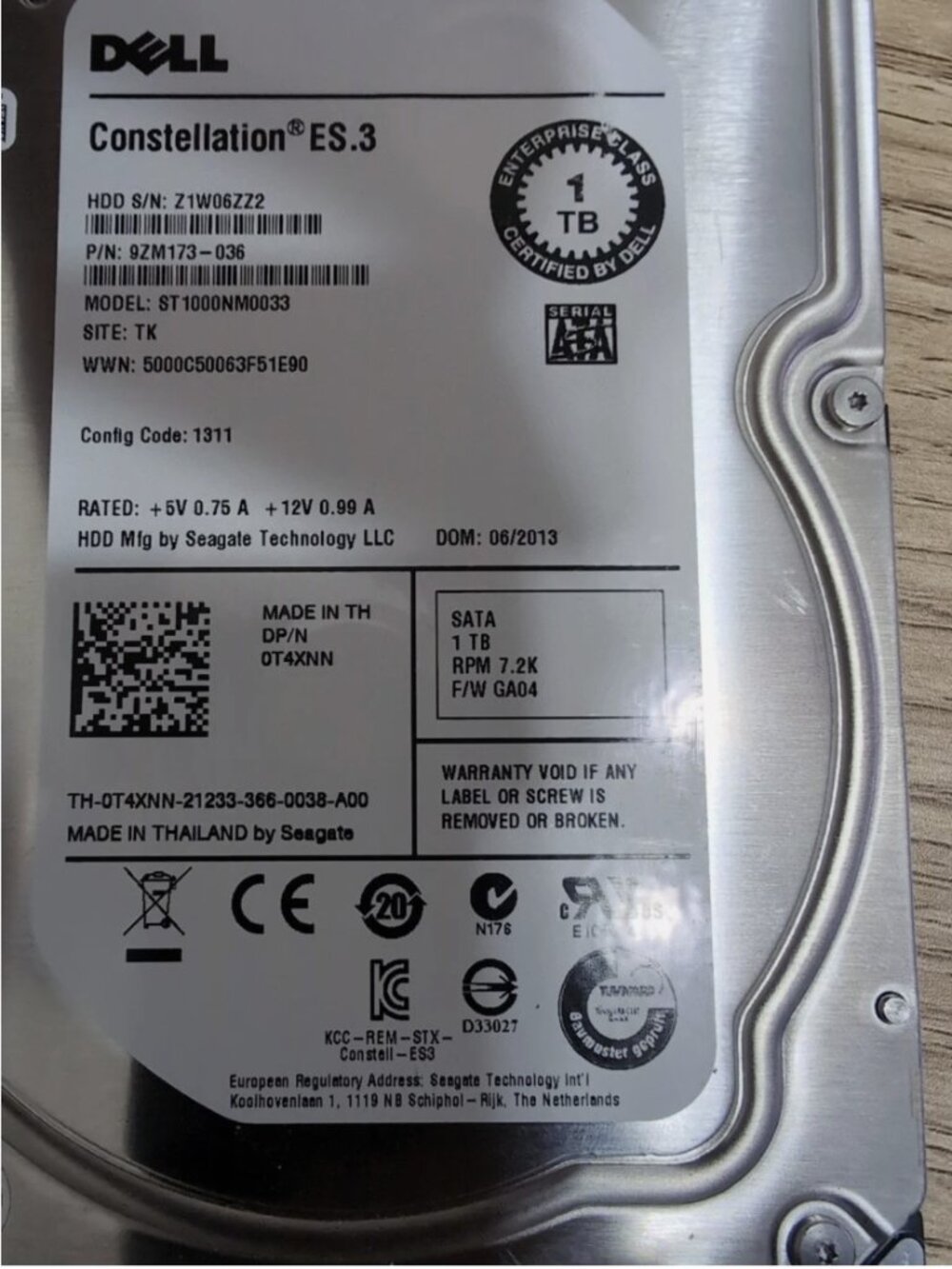 Dell Seagate 1TB, 7200RPM, 3.5"(ST1000NM0033) 6ZZ2 Hard Drive R2112R-11